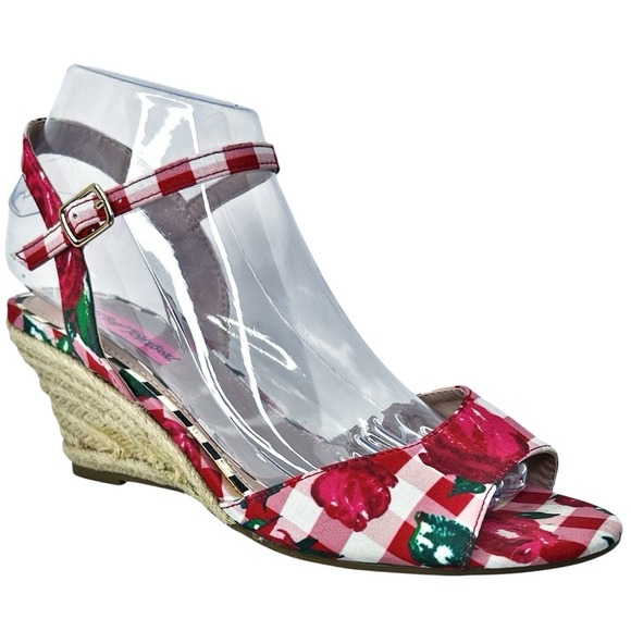 Betsey Johnson Shoes - Betsey Johnson Sandals Athena 8.5 Red Gingham Check Floral Wedge Espadrille Shoe
